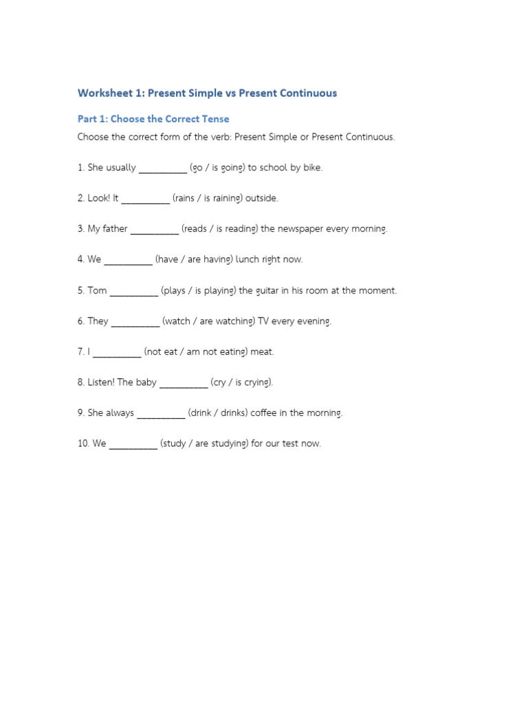 Present Simple vs Continuous Worksheet | PDF
