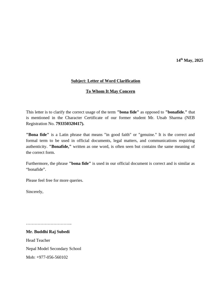 Utsab Sharma Letter of Clarification | PDF