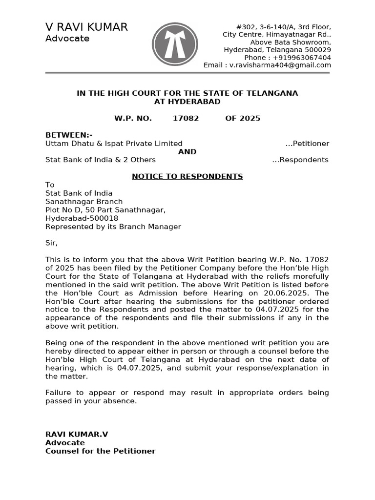 High Court Hearing Notice To Respondents | PDF | Common Law ...