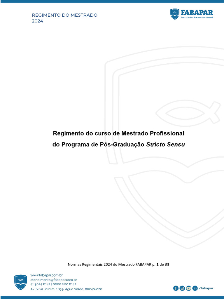 Regimento do Mestrado 2024 FABAPAR | PDF | Mestrado | Pós-graduação