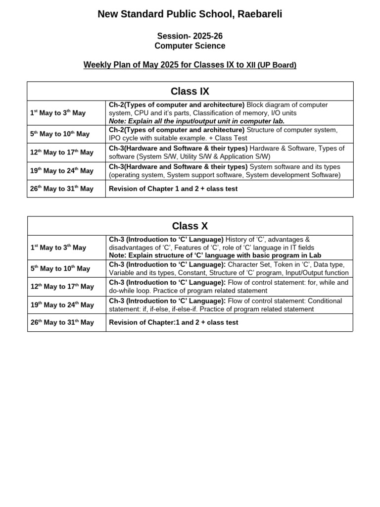 May 2025 Computer Science Weekly Plan | PDF | Computer Program ...