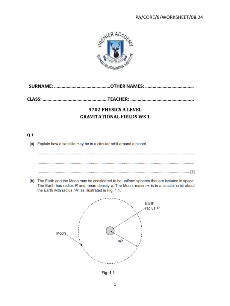 A Level Physics Gravitational Fields Worksheet | PDF