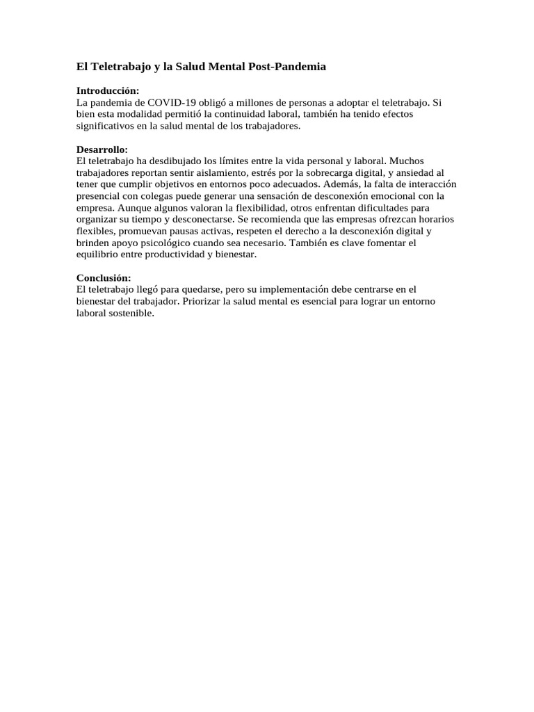El Teletrabajo y La Salud Mental Post-Pandemia | PDF