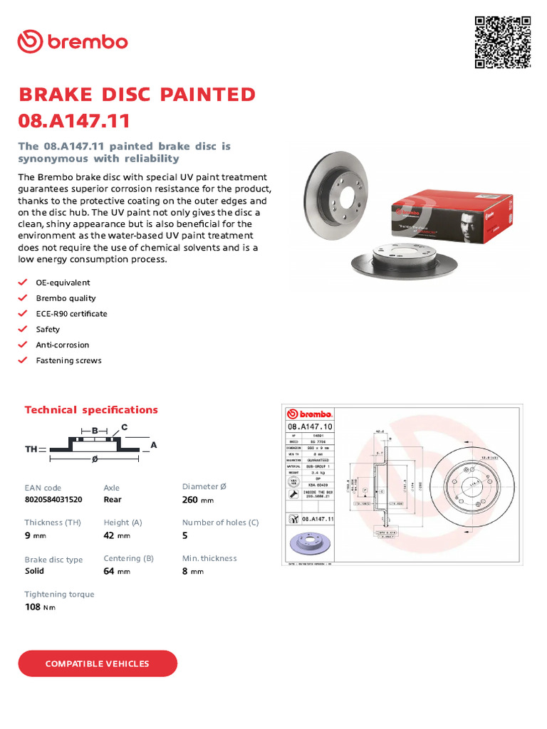 Brembo 08.A147.11 achterremschijf, aantal 2