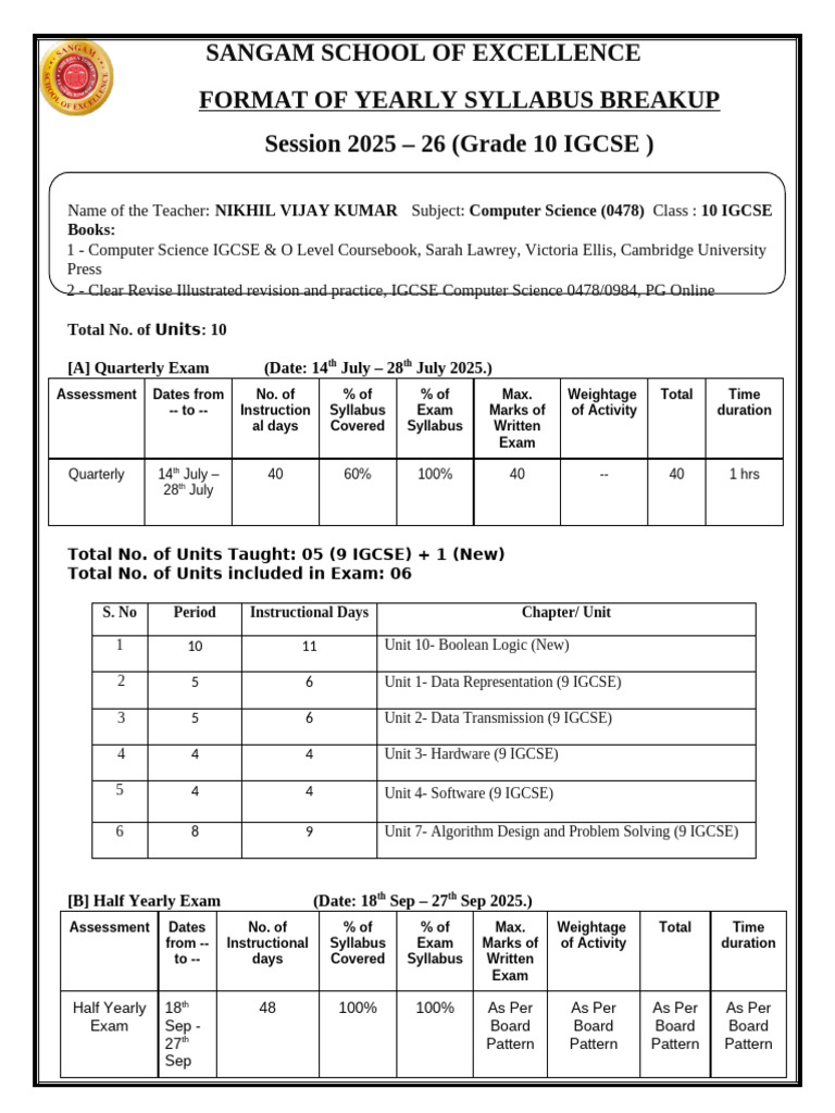 10 (CS-0478) IGCSE Syllabus Breakup 2025-26 | PDF | Computer Science ...