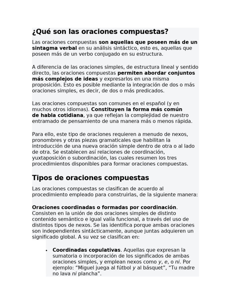 Tipos y ejemplos de oraciones compuestas | PDF | Oración (Lingüística ...