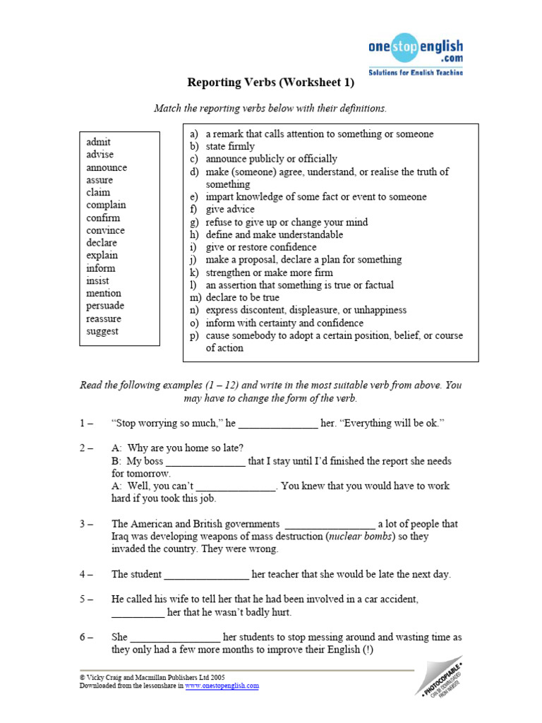 Reporting Verbs Worksheet Guide | PDF