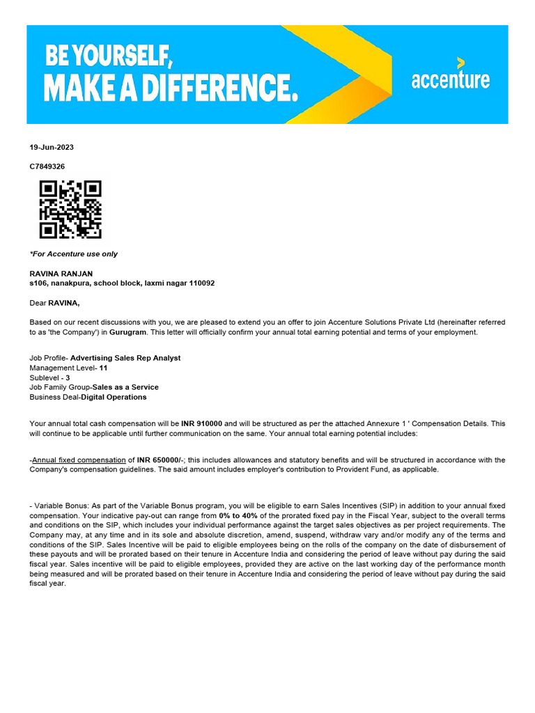 Accenture Job Offer for Sales Analyst | PDF | Insurance | Employment