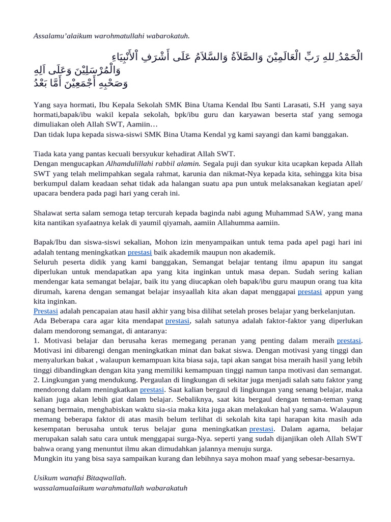 Teks Apel Pagi SMK Bina Utama | PDF