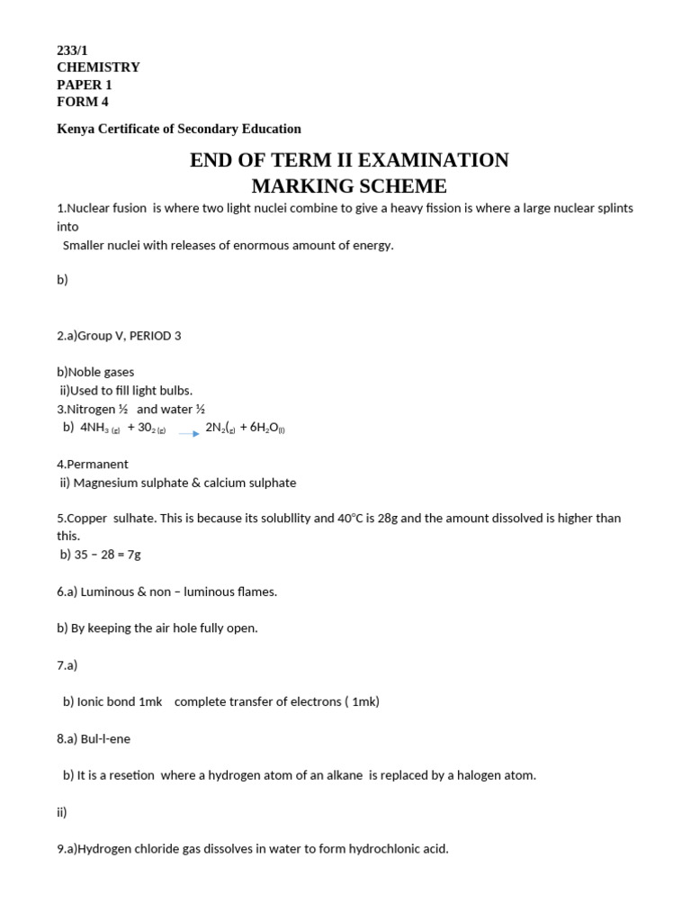 Chemistry Exam Marking Scheme KCSE | PDF | Chemical Reactions | Hydroxide