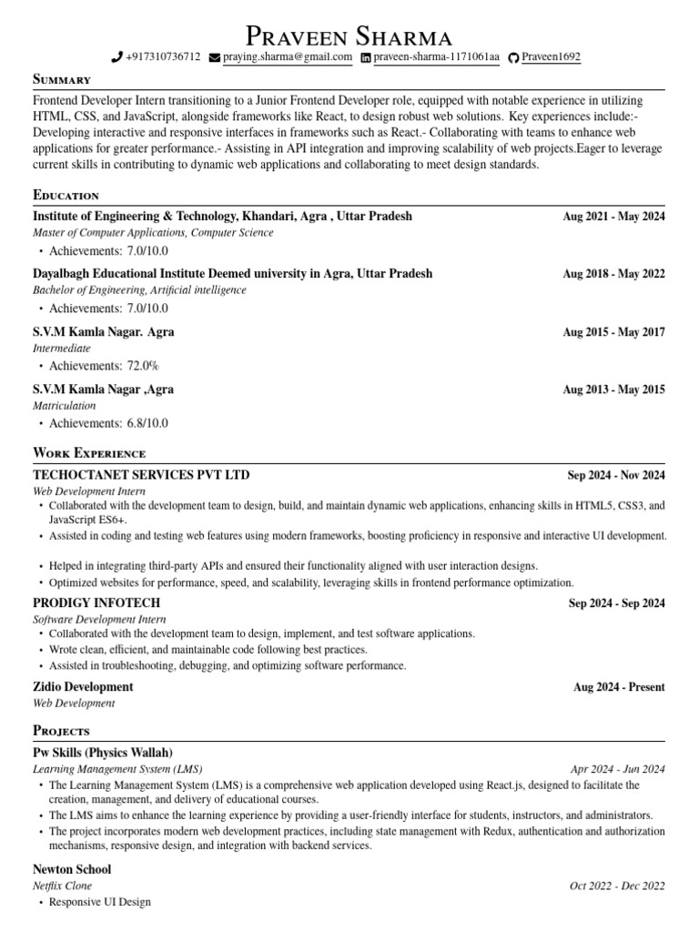 Frontend Developer Intern Resume | PDF | Web Development | Software ...