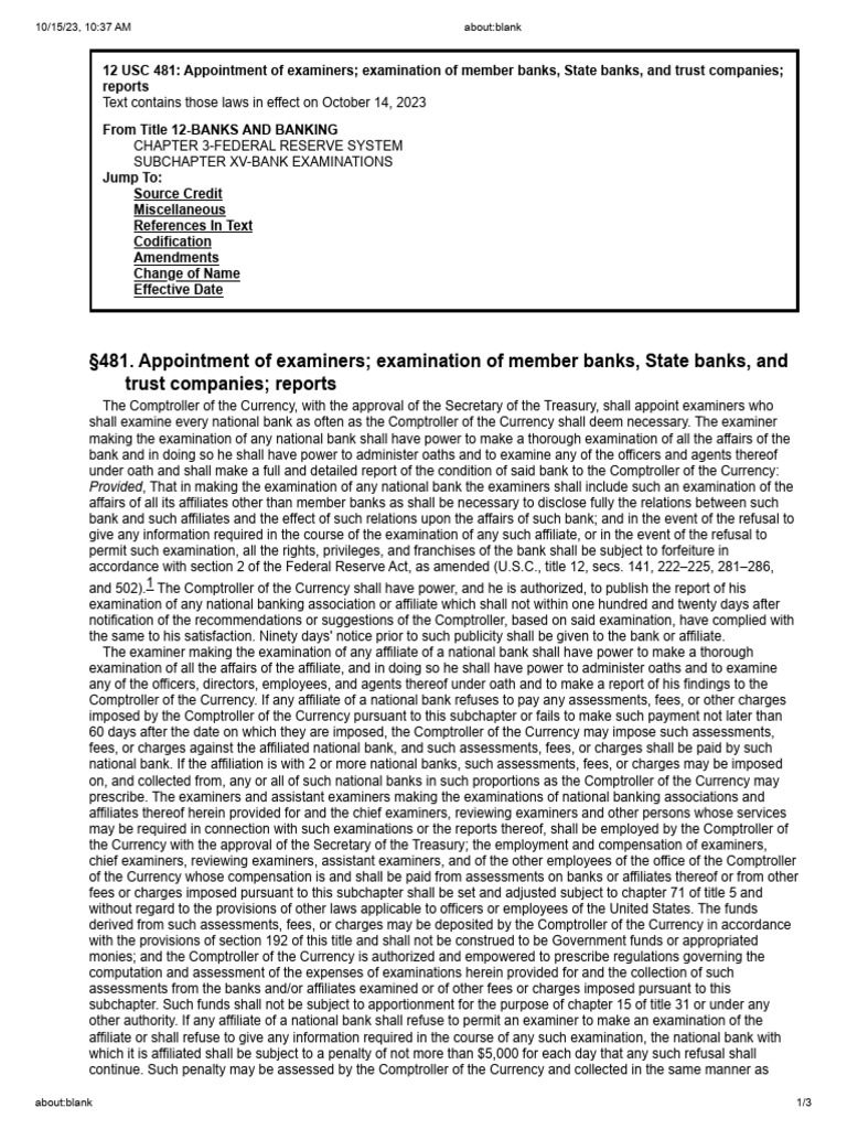 12 USC 481 Appointment of Examiners | PDF | United States Code | Banks