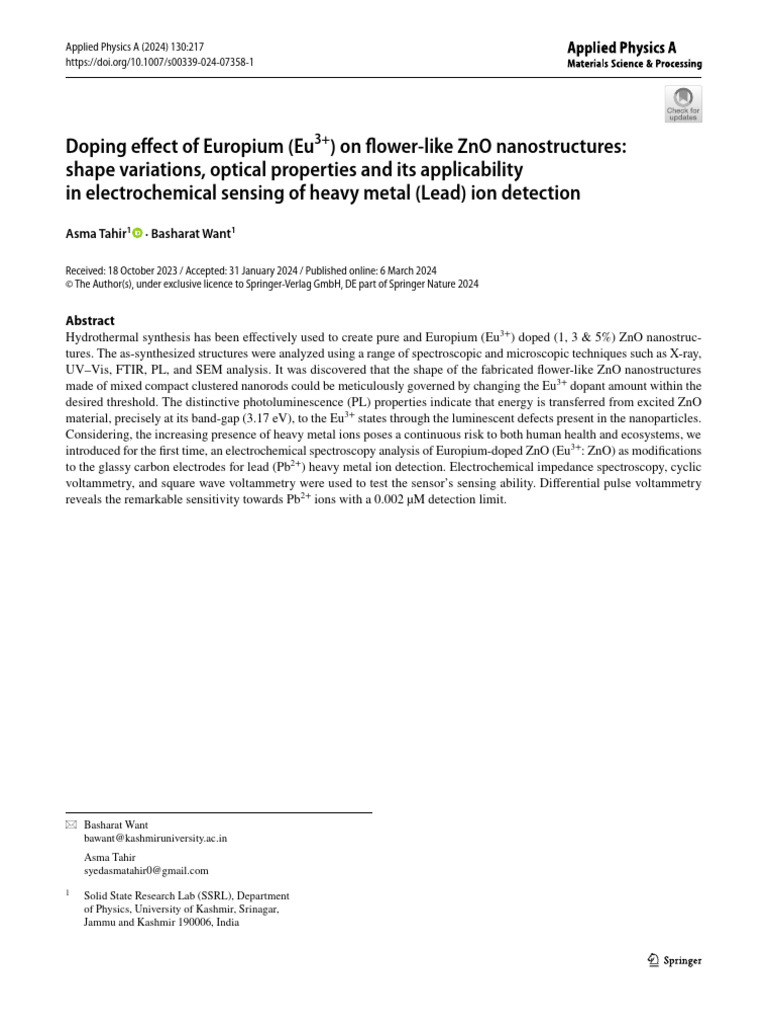 Europium-Doped ZnO for Lead Detection | PDF | Zinc Oxide | Absorption ...