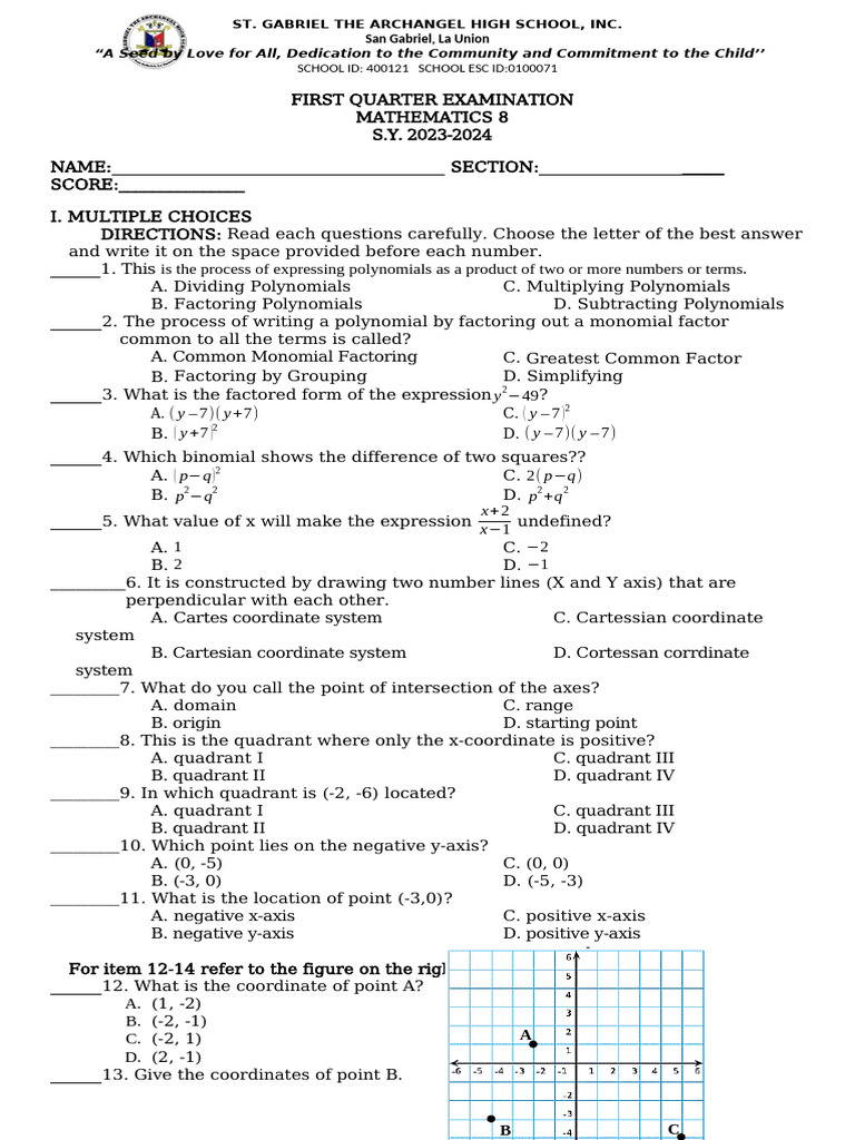 Math 8 First Quarter Exam 2023-2024 | PDF | Cartesian Coordinate System ...