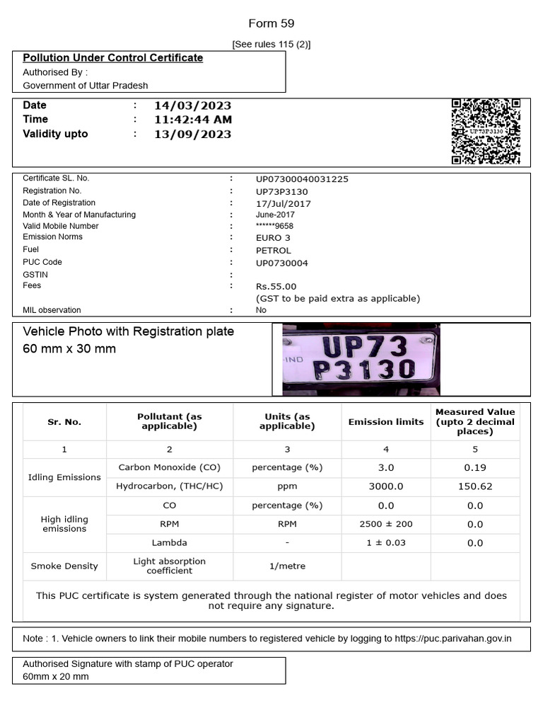 Pollution Under Control Certificate: Form 59 | PDF | Exhaust Gas | Air ...