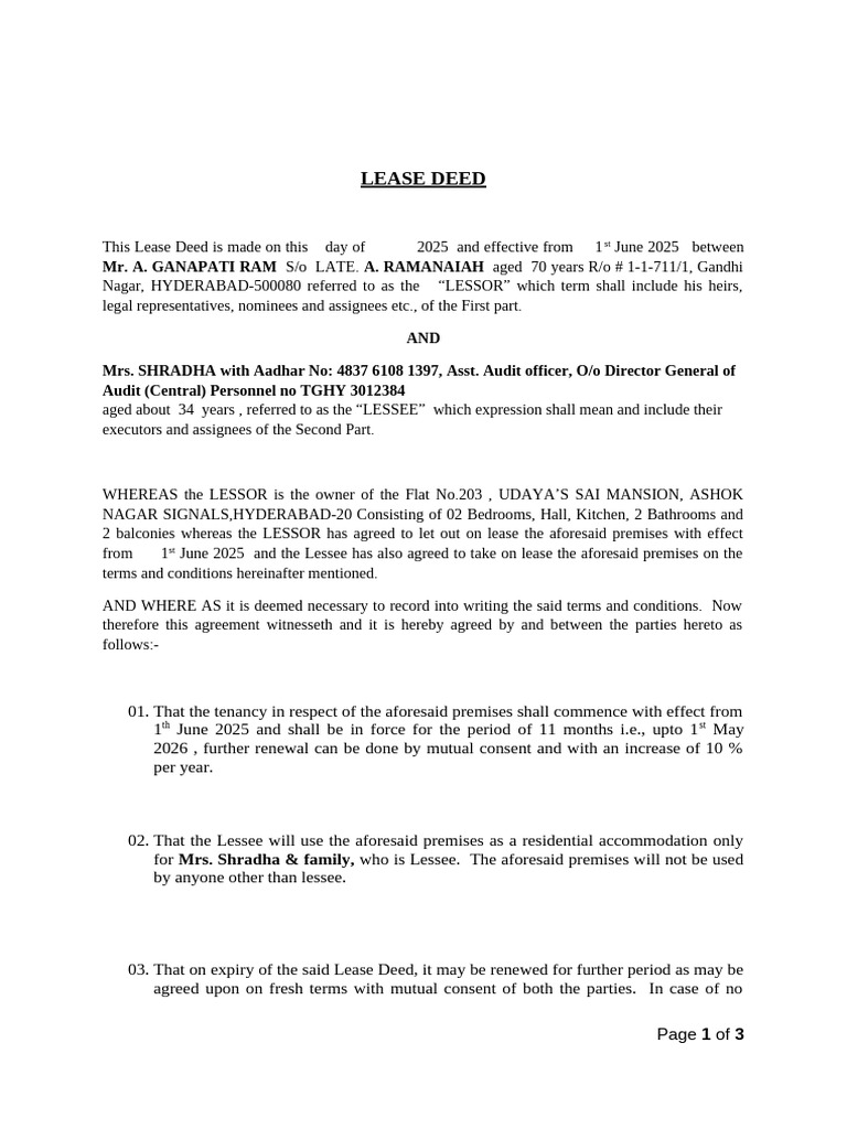 Lease Deed for Residential Property in Hyderabad | PDF | Lease ...