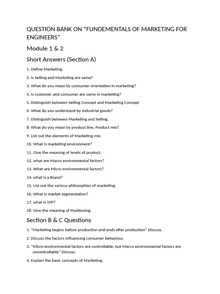 Question Bank On Marketing - Engg | PDF | Marketing | Market Segmentation