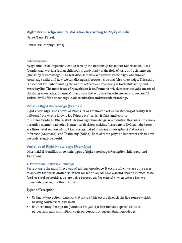 Understanding Right Knowledge in Nyāyabindu | PDF | Knowledge ...
