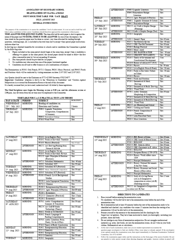 UACE Mock Exam Timetable 2025 | PDF