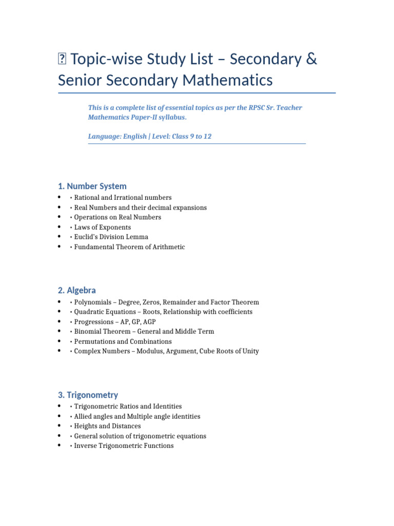 Secondary Math Topic List English | PDF