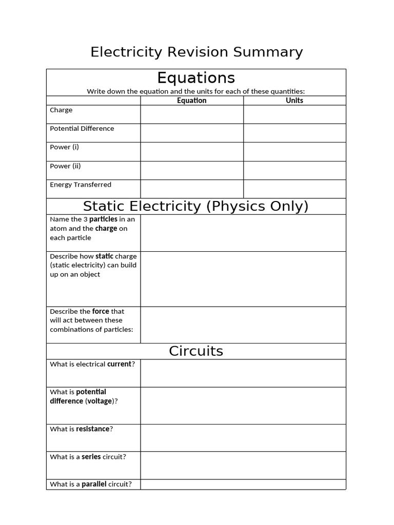 Revision Electricity - Tables | PDF