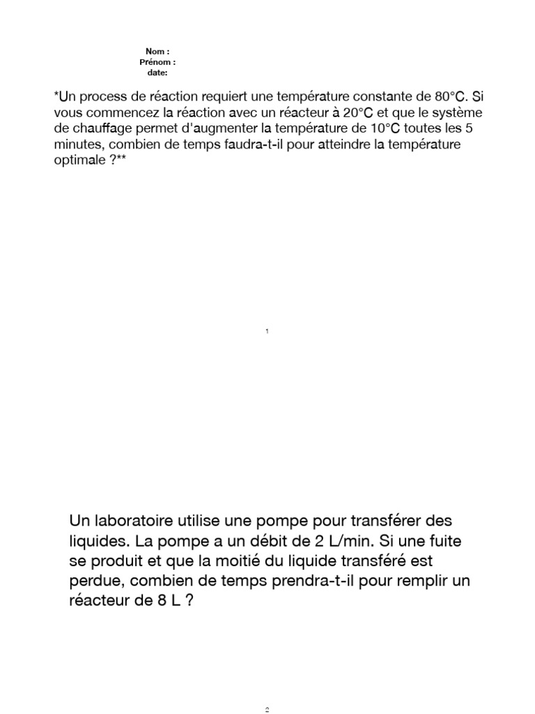 Calculs de Processus en Laboratoire | PDF | Réacteur (chimie) | Pompe