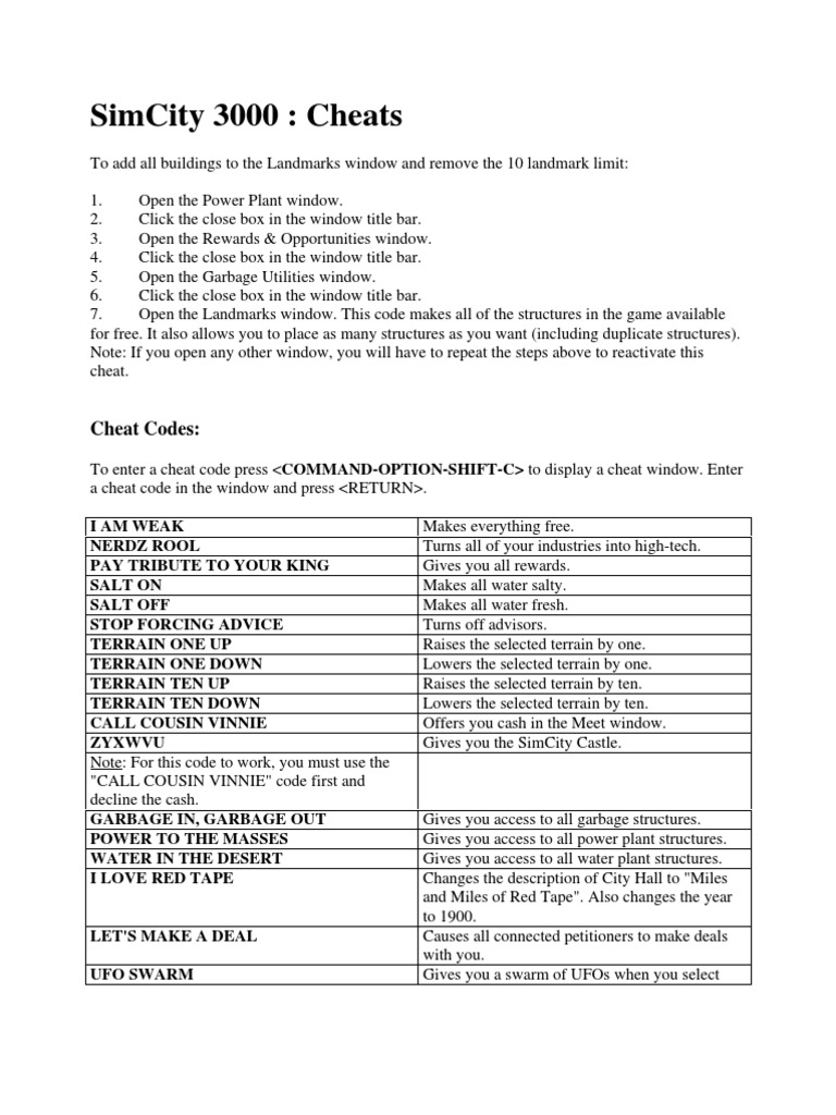 Simcity 3000 Cheat Transport Nature