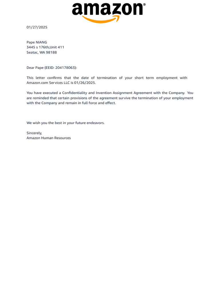 Amazon Employment Termination Notice | PDF