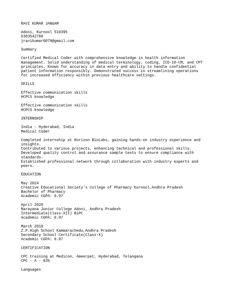 Ravi Kumar Jangam Resume | PDF