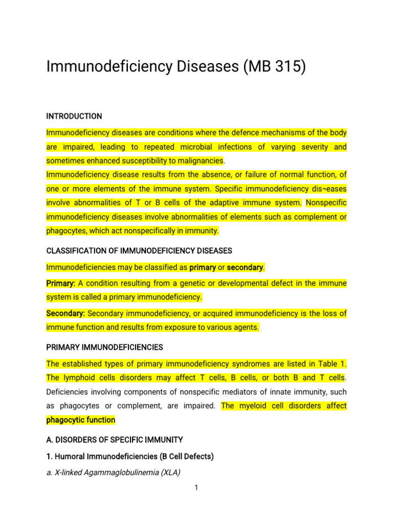 Immunodeficiency Diseases - Immunology 315 | PDF | Immunodeficiency ...