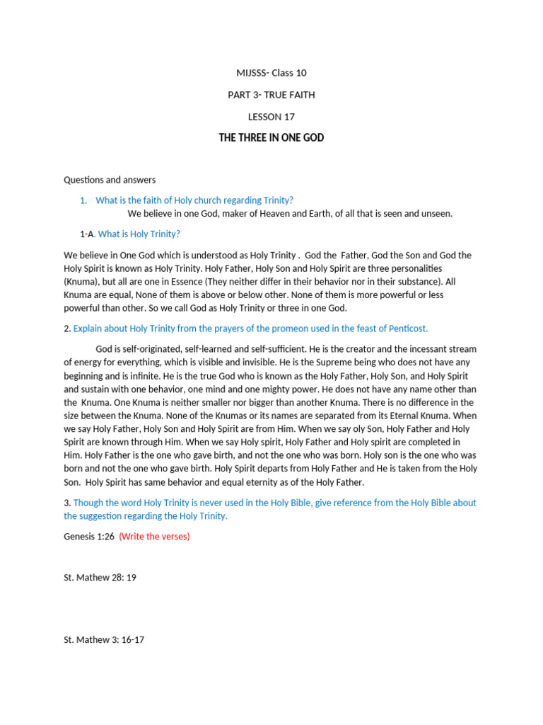 Lesson 17 Questions and Answers | PDF | God The Father | Trinity