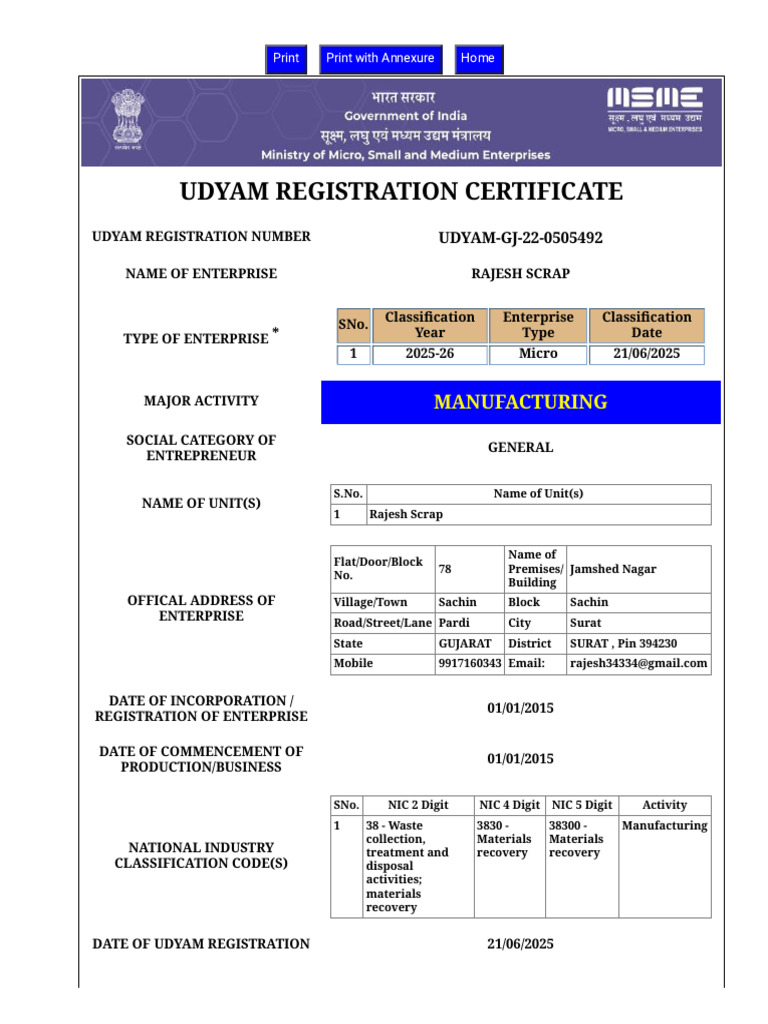 Udyam Registration Certificate for Rajesh Scrap | PDF