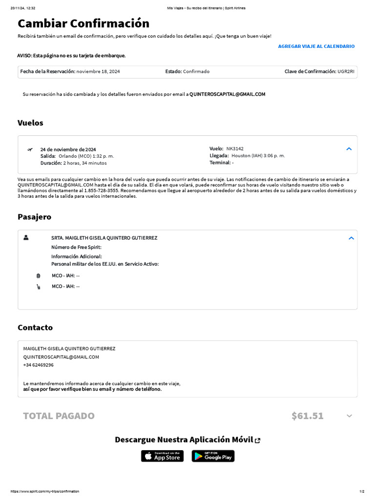 Mis Viajes - Su Recibo Del Itinerario - Spirit Airlines | PDF | Aviación