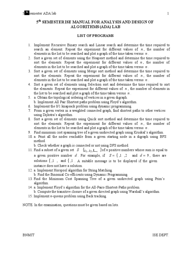 ADA Lab Manual for 5th Semester | PDF | Subroutine | Vertex (Graph Theory)