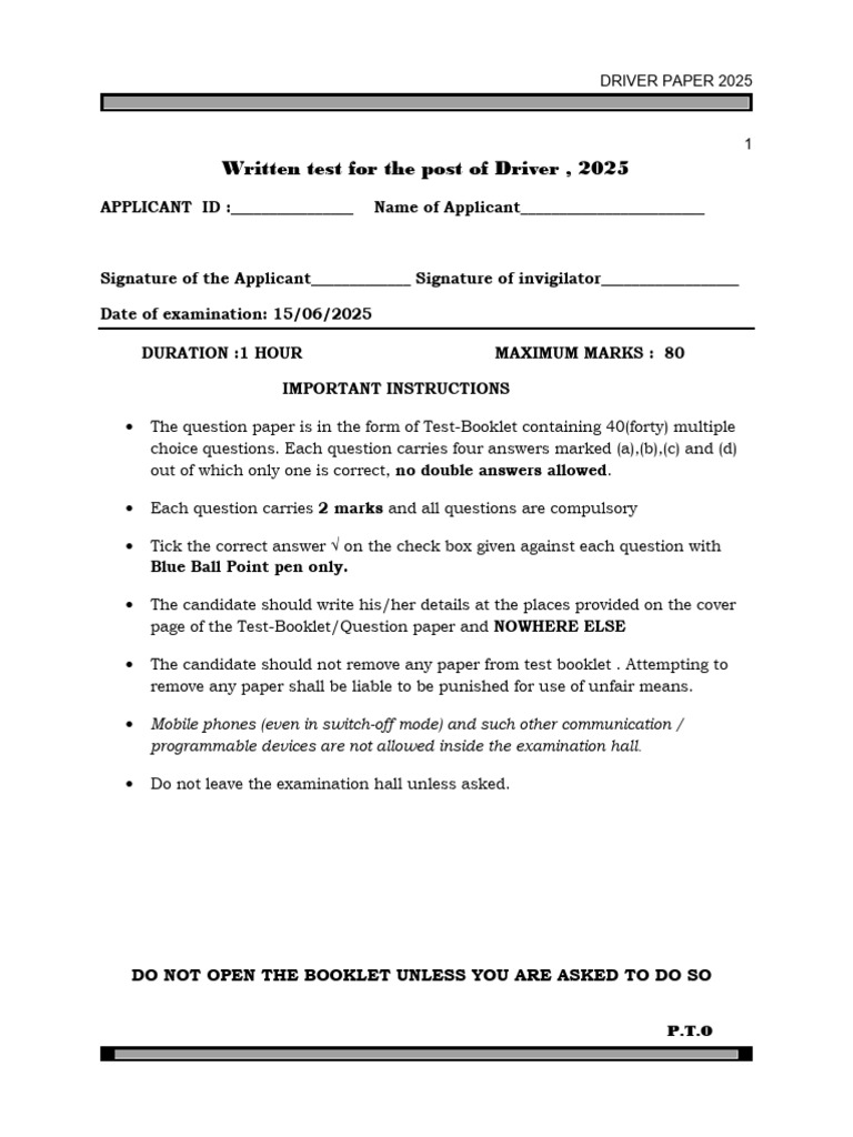 Driver Exam Paper 2025: MCQs and Instructions | PDF | Driver's License ...