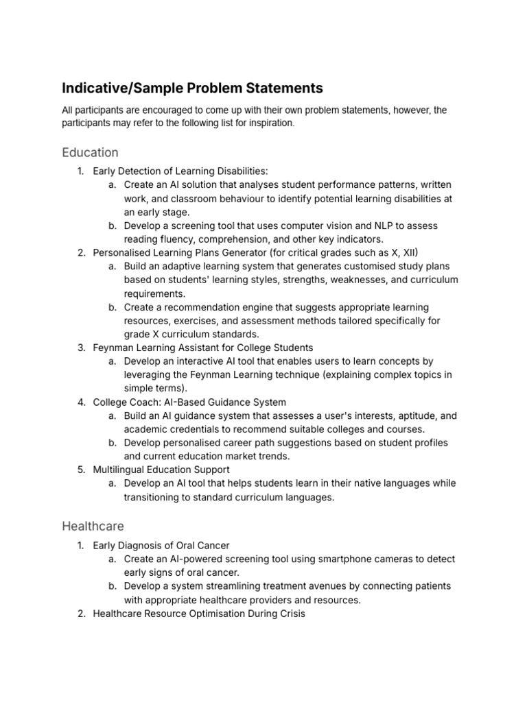 Sample Hackathon Problem Statements | PDF | Artificial Intelligence ...