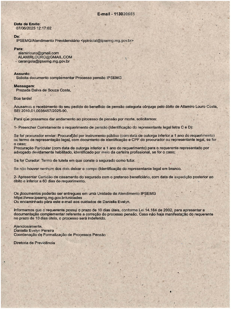 Solicita Documento Complementar Processo Pensão IPSEMG | PDF
