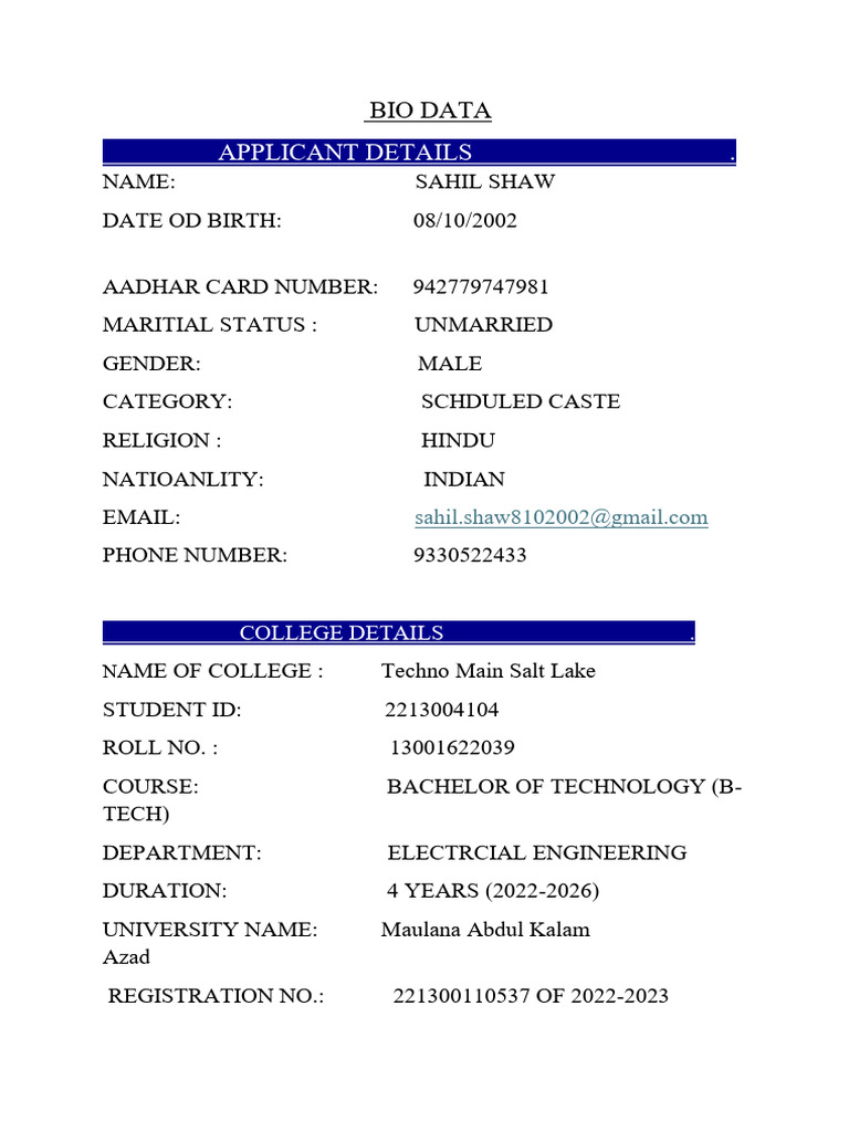 Sahil Shaw's Bio Data Summary | PDF