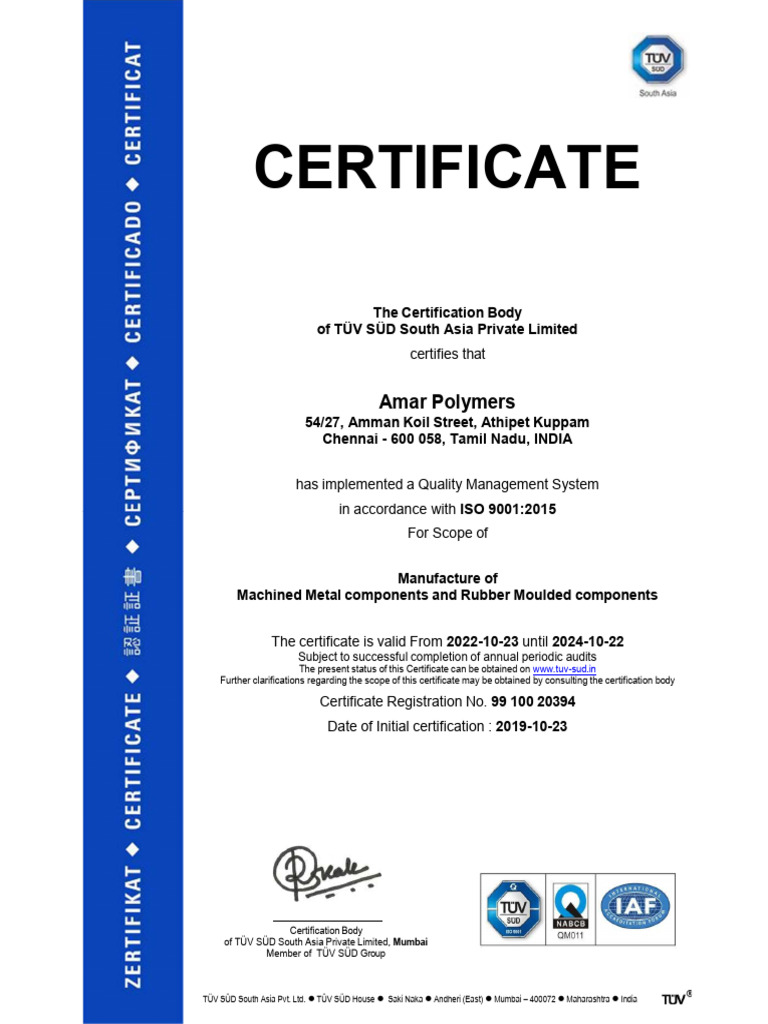 Amar Polymers ISO 9001:2015 Certificate | PDF