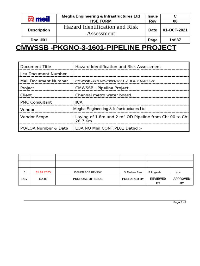 CMWSSB Pipeline Project Risk Assessment | PDF | Risk | Hazards