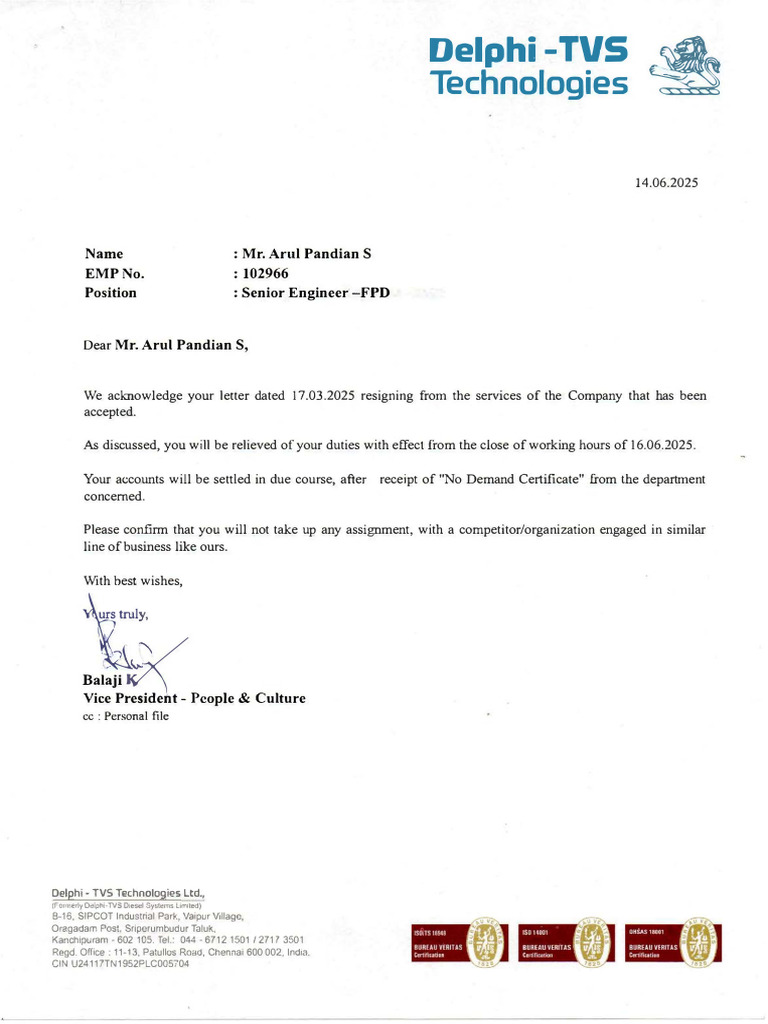 Resignation Acceptance Letter - Delphi TVS | PDF