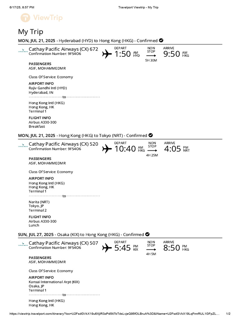 Trip Itinerary: HYD-HKG-NRT-KIX | PDF | Transport | Aviation