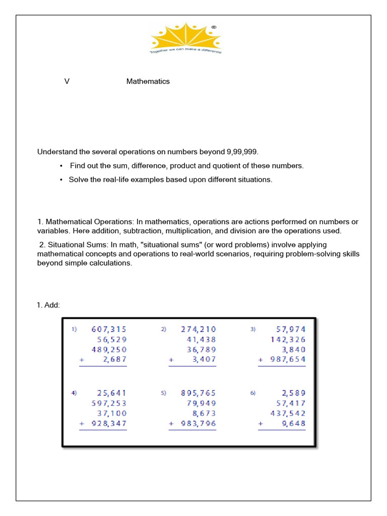 Operations on Large Numbers Worksheet | PDF | Multiplication | Mathematics
