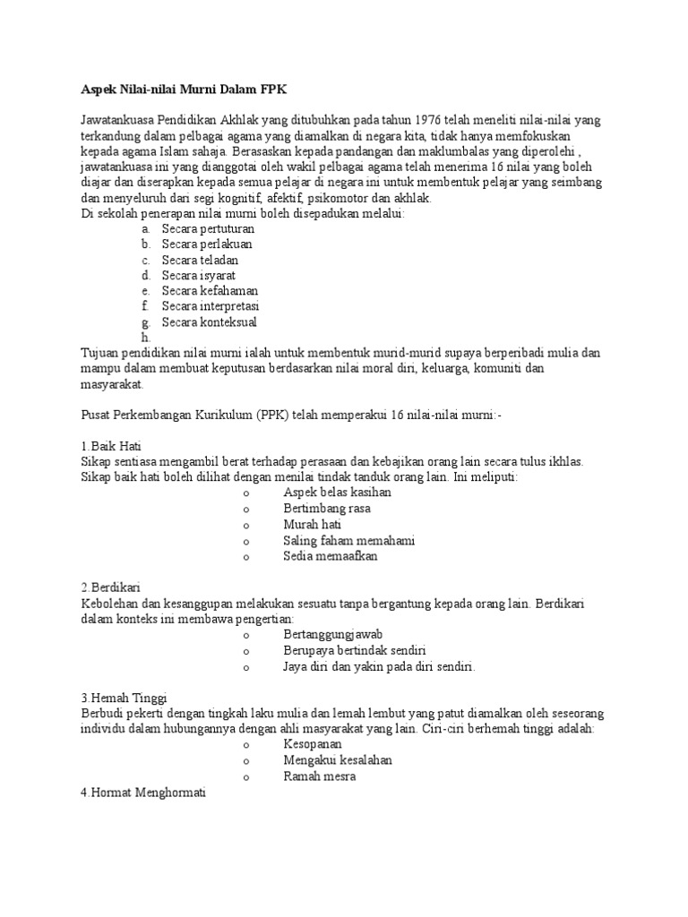 Aspek Nilai Nilai Murni Dalam Fpk Pdf