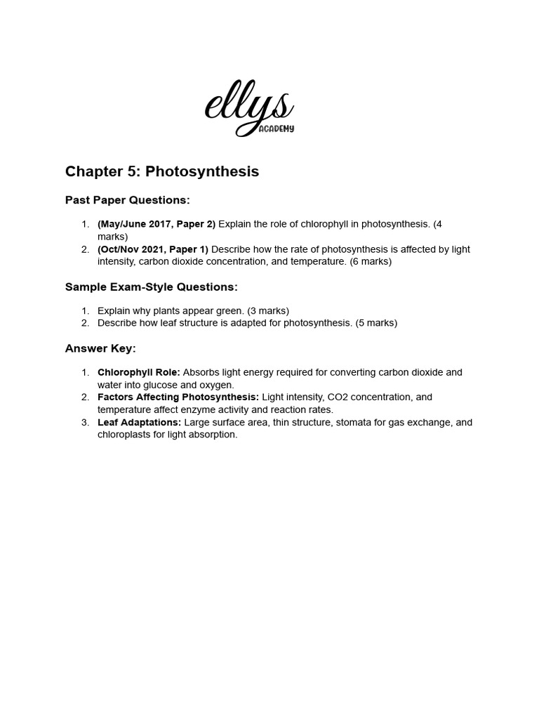 Photosynthesis: Key Concepts & Questions | PDF