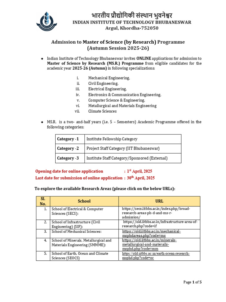 IIT Bhubaneswar MS Research Admission 2025 | PDF | Engineering ...