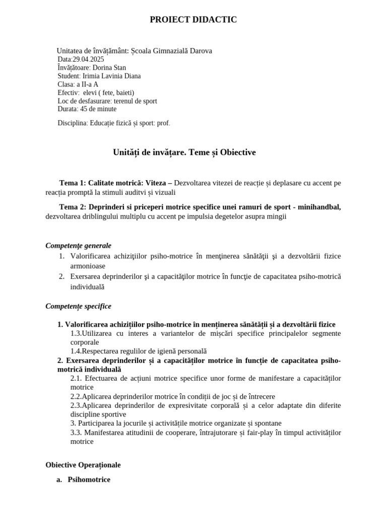 Model Proiect Didactic Disciplina Educatie Fizica Si Sport Clasa A Iia ...