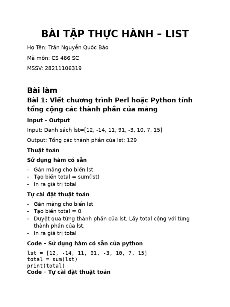 Bai Tap List Python Tran Nguyen Quoc Bao | PDF