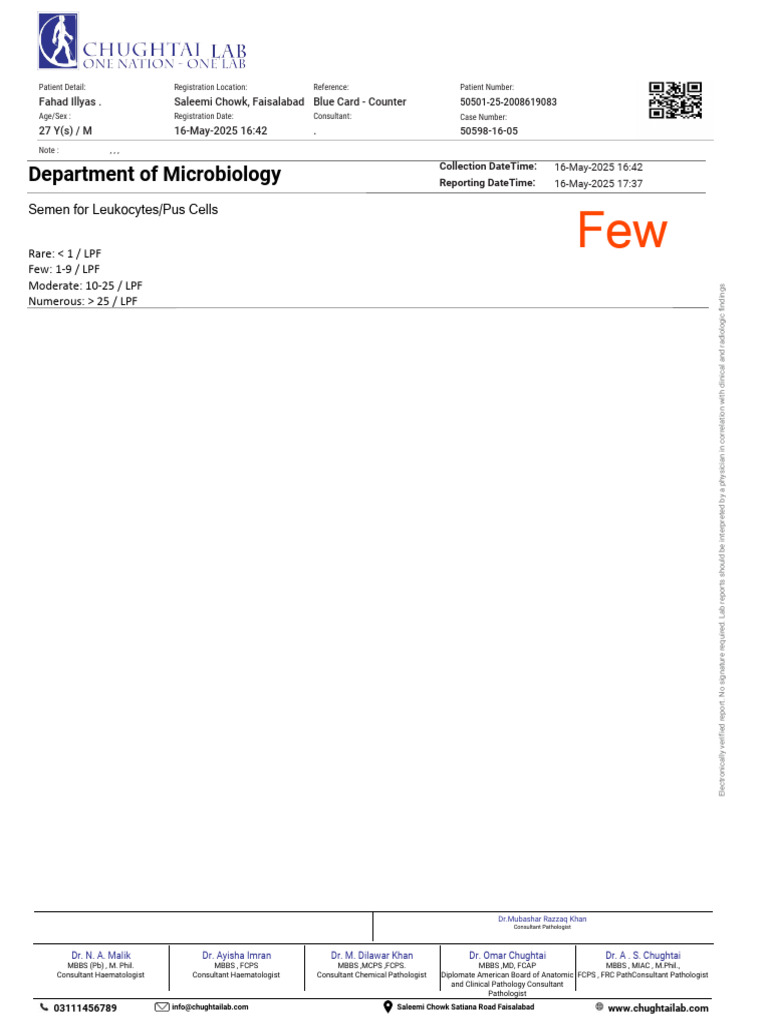 Semen Analysis Report - Chughtai Lab | PDF | Pathology | Clinical Medicine