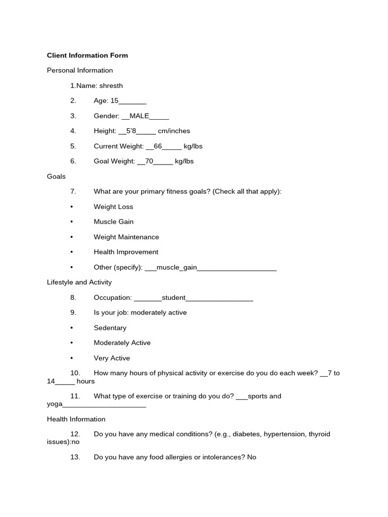 Client Information Form | PDF | Dieting | Determinants Of Health